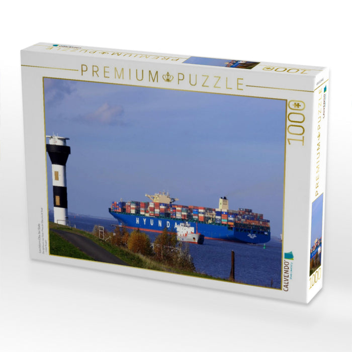 Leuchtturm Elbe, bei Stade - CALVENDO Foto-Puzzle'