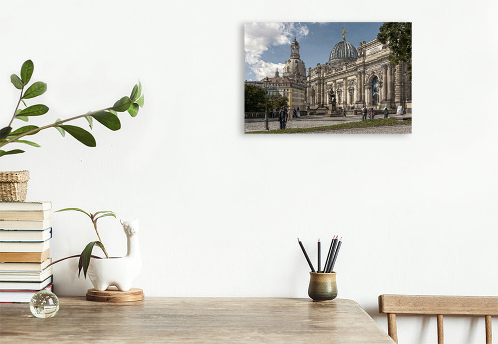 Premium Textil-Leinwand Premium Textil-Leinwand 120 cm x 80 cm quer Blick zur Kunsthalle und Frauenkirche in Dresden