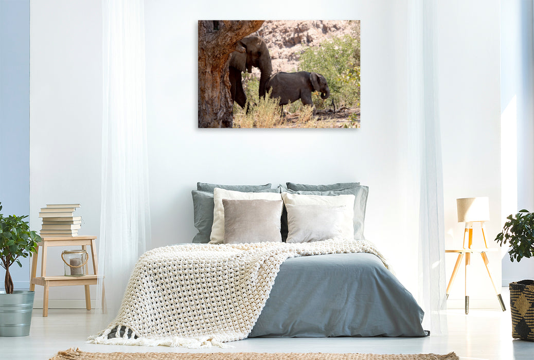 Premium Textil-Leinwand Premium Textil-Leinwand 120 cm x 80 cm quer Elefant mit Baby unterwegs.  Jumbo - Auf den Spuren der Elefanten in Namibia