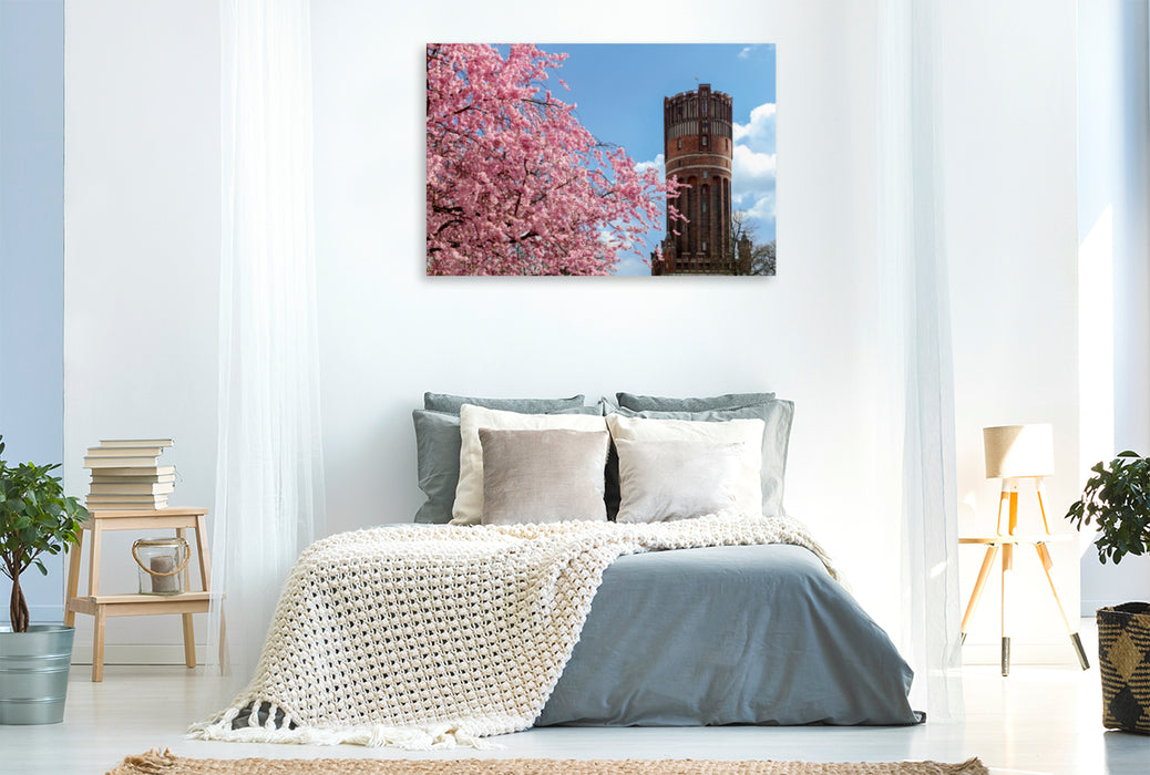 Premium Textil-Leinwand Premium Textil-Leinwand 120 cm x 80 cm quer Japanische Kirschblüte mit Blick auf den Wasserturm Lüneburg