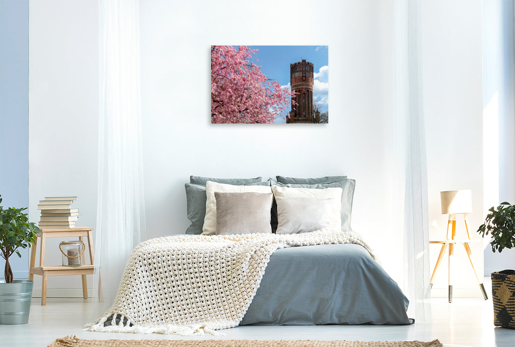 Premium Textil-Leinwand Premium Textil-Leinwand 120 cm x 80 cm quer Japanische Kirschblüte mit Blick auf den Wasserturm Lüneburg