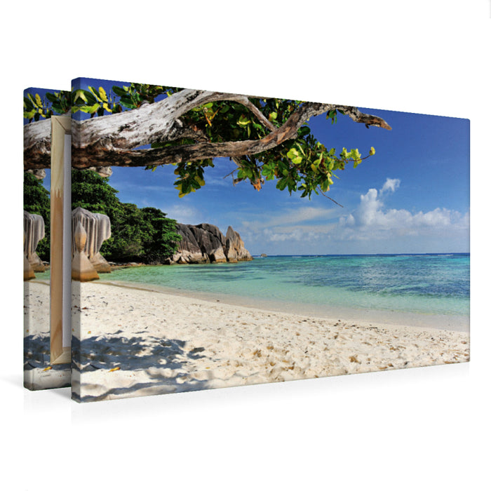 Premium Textil-Leinwand Traumstrand Seychellen