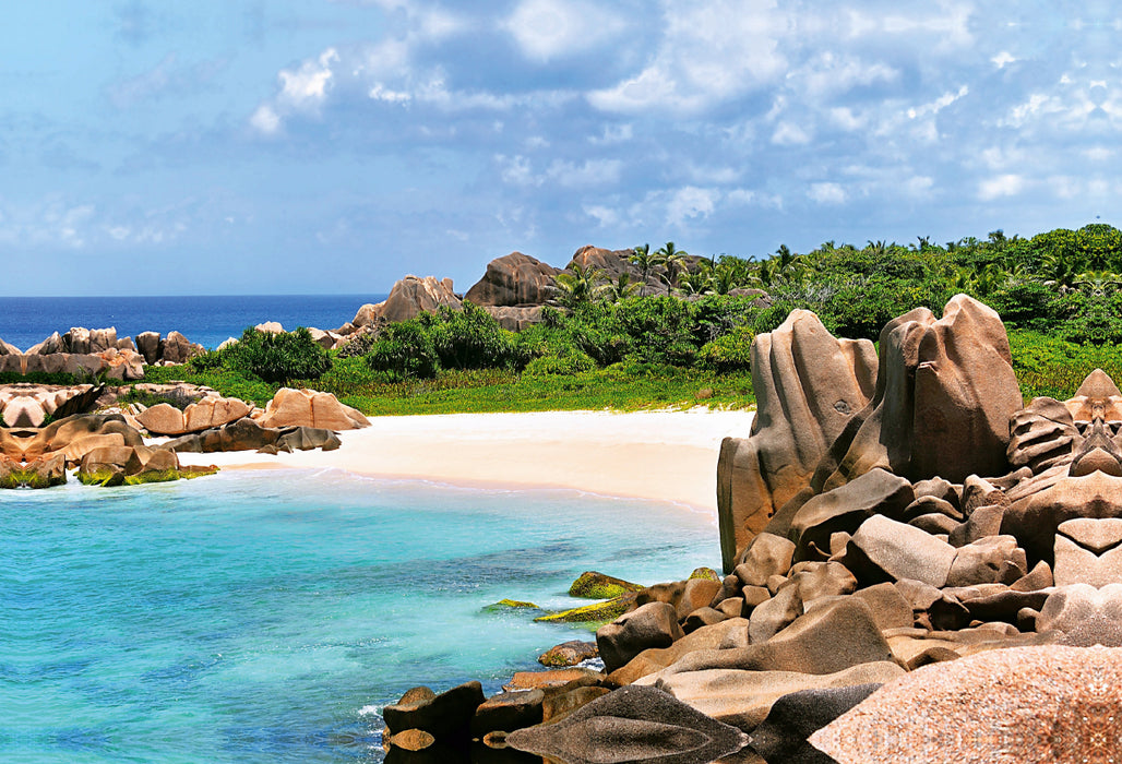 Premium Textil-Leinwand Strandbucht auf La Digue