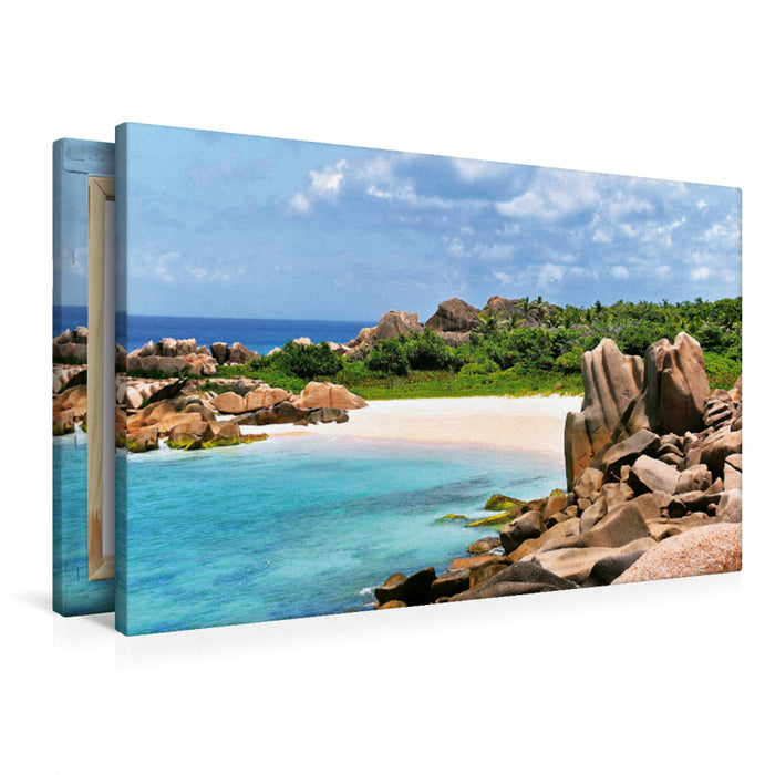 Premium Textil-Leinwand Strandbucht auf La Digue