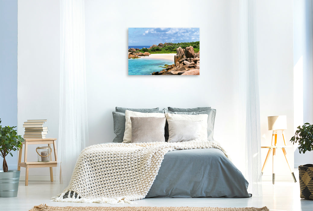 Premium textile canvas Premium textile canvas 120 cm x 80 cm landscape beach bay on La Digue 