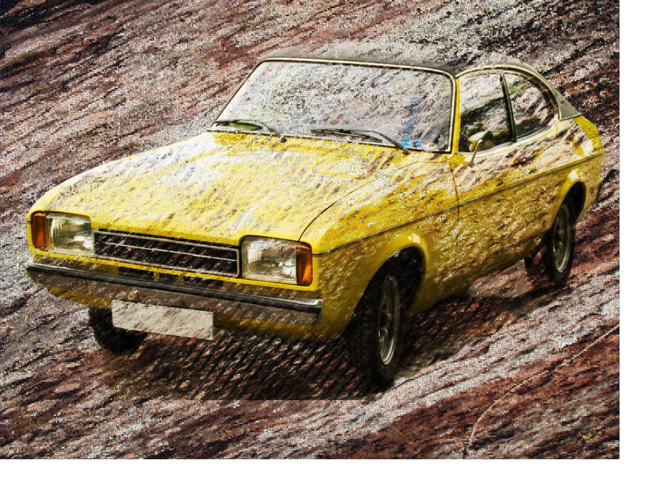 Gelber Ford Capri vor steinigem Hintergrund - CALVENDO Foto-Puzzle'