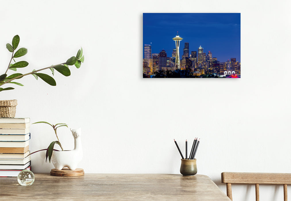 Toile textile haut de gamme Toile textile haut de gamme 120 cm x 80 cm paysage Seattle Skyline la nuit