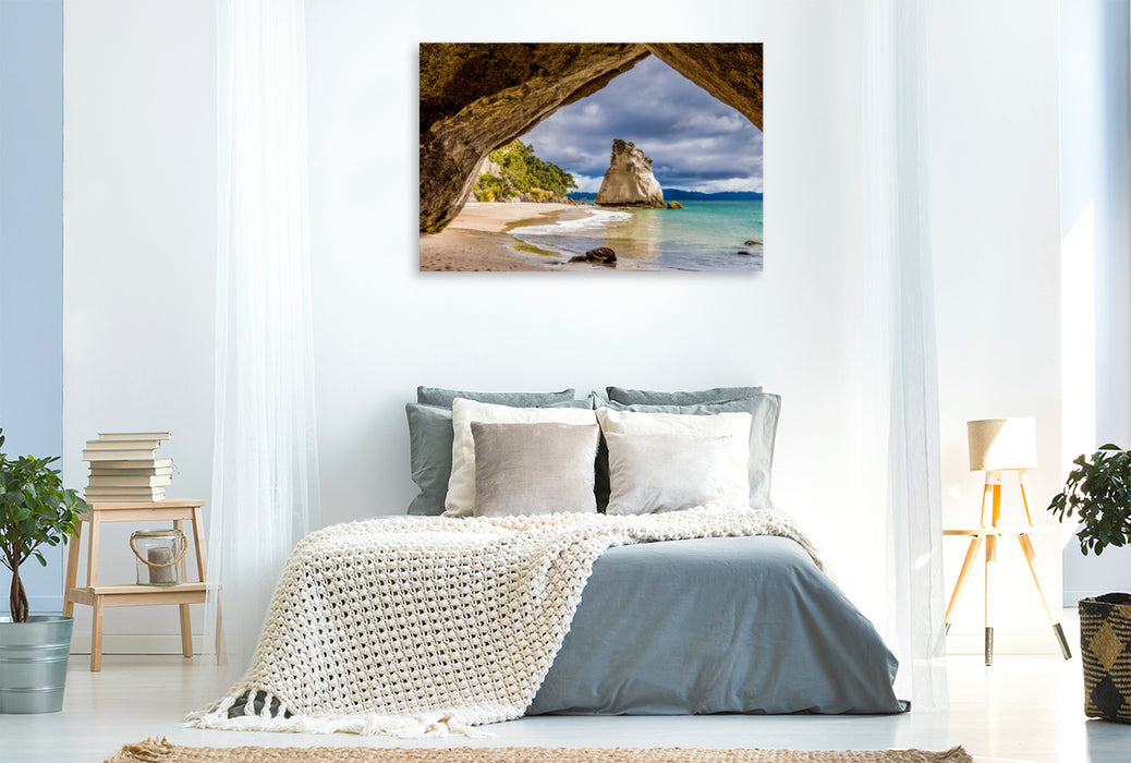 Toile textile premium Toile textile premium 120 cm x 80 cm paysage Cathedral Cove - Nouvelle-Zélande 