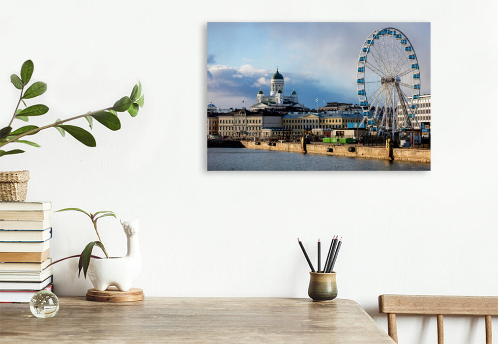 Premium Textil-Leinwand Premium Textil-Leinwand 120 cm x 80 cm quer Blick auf den Hafen von Helsinki mit dem Dom im Hintergrund