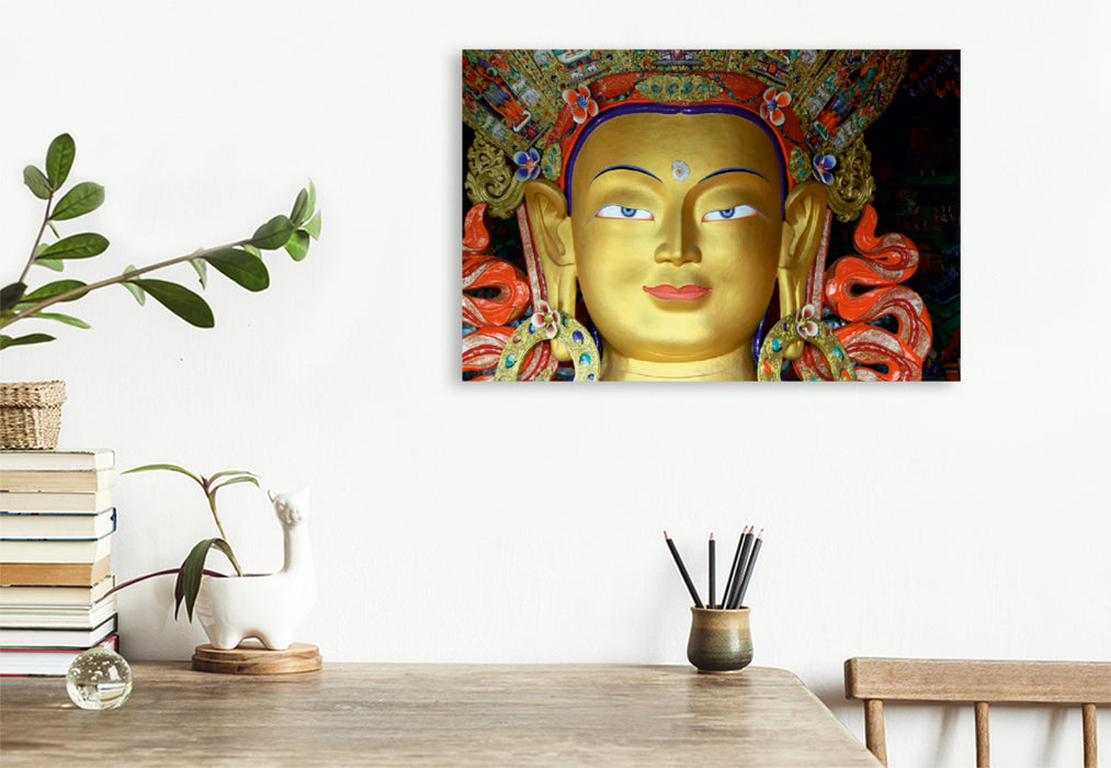 Premium Textil-Leinwand Premium Textil-Leinwand 120 cm x 80 cm quer Maitreya Buddhastatue in Thiksey