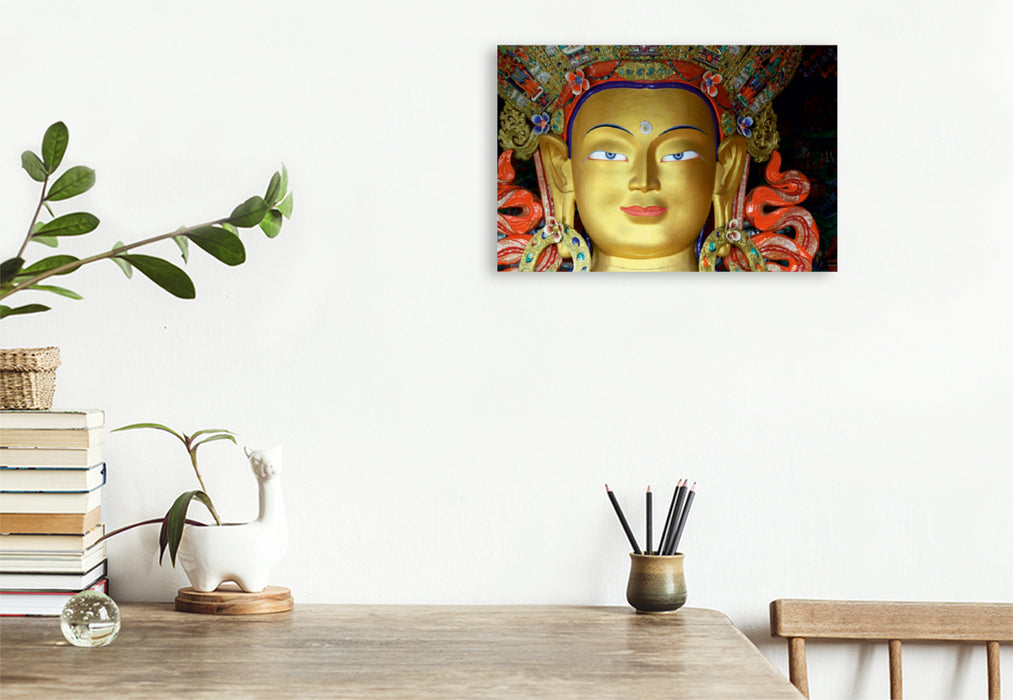 Premium Textil-Leinwand Premium Textil-Leinwand 120 cm x 80 cm quer Maitreya Buddhastatue in Thiksey