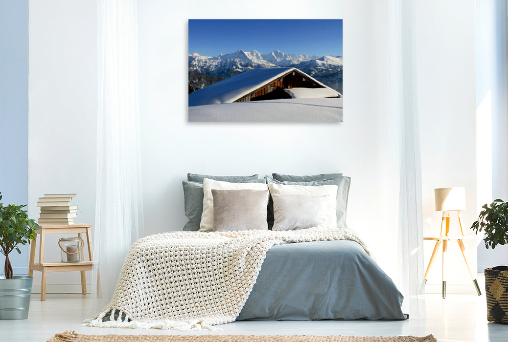 Premium Textil-Leinwand Premium Textil-Leinwand 120 cm x 80 cm quer Wintermärchen - verschneite Almhütte - Eiger, Mönch, Jungfrau