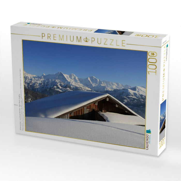 Wintermärchen - verschneite Almhütte - Eiger, Mönch, Jungfrau - CALVENDO Foto-Puzzle'