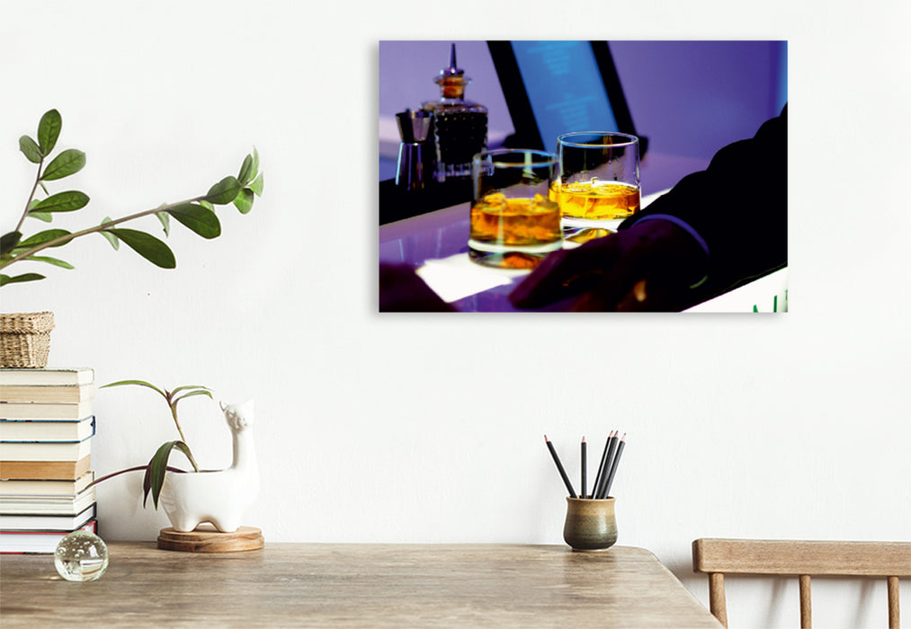 Toile textile premium Toile textile premium 120 cm x 80 cm paysage Ambiance Cool - verres à whisky sur comptoir de bar 