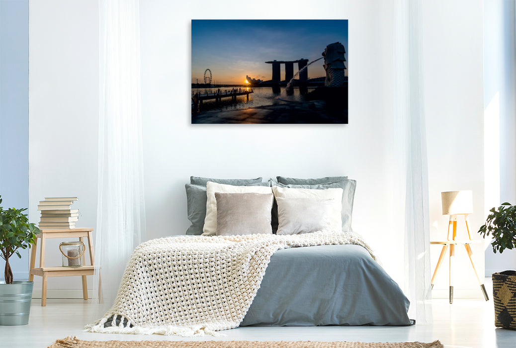 Premium Textil-Leinwand Premium Textil-Leinwand 120 cm x 80 cm quer Sonnenaufgang am Merlion in Singapur