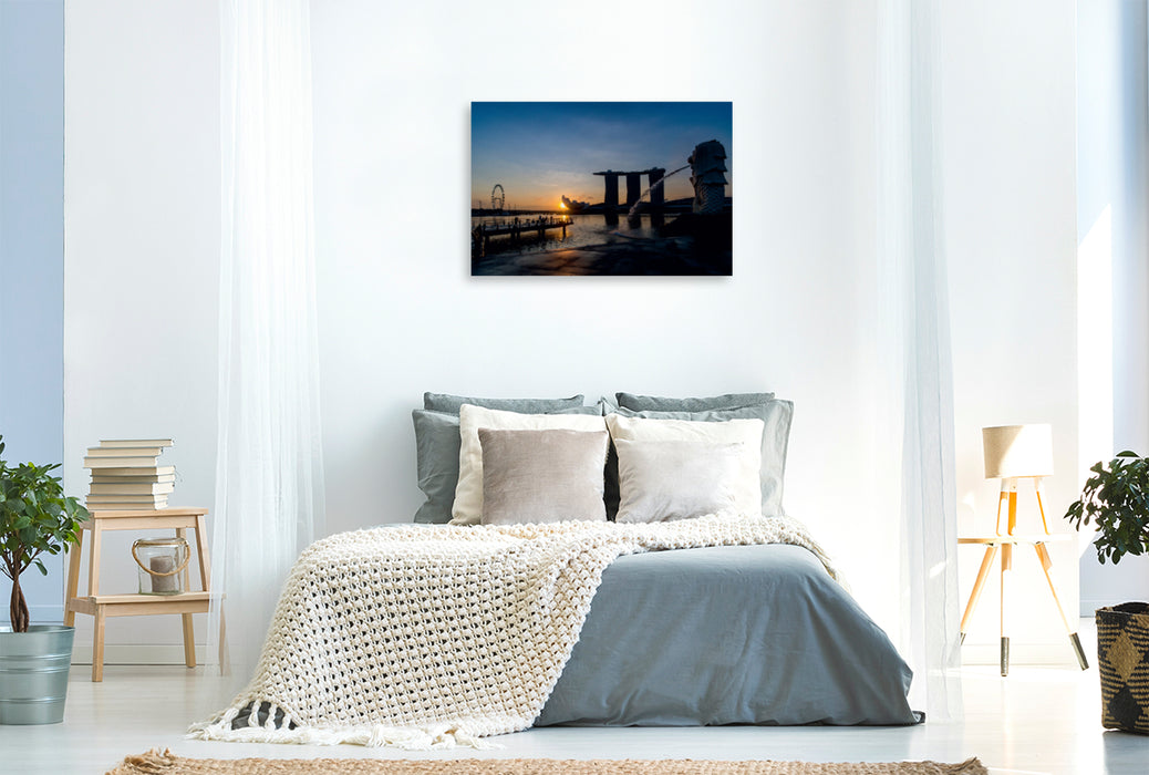 Premium Textil-Leinwand Premium Textil-Leinwand 120 cm x 80 cm quer Sonnenaufgang am Merlion in Singapur