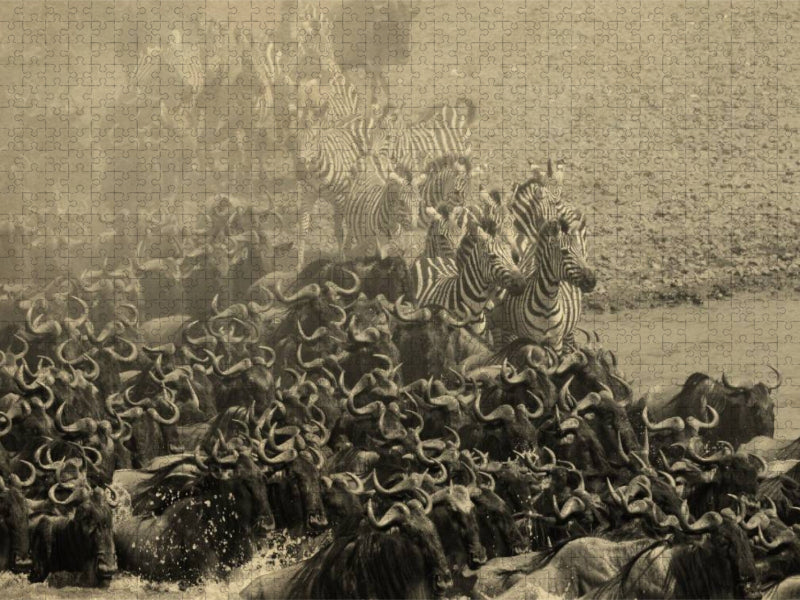 Gnuwanderung in der Masai Mara im Vintage Look - CALVENDO Foto-Puzzle'