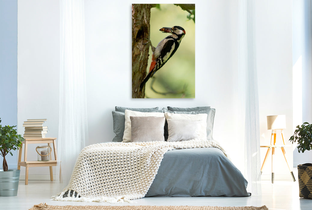Premium Textil-Leinwand Premium Textil-Leinwand 80 cm x 120 cm  hoch Ein Motiv aus dem Kalender Besucher im Garten - Vögel
