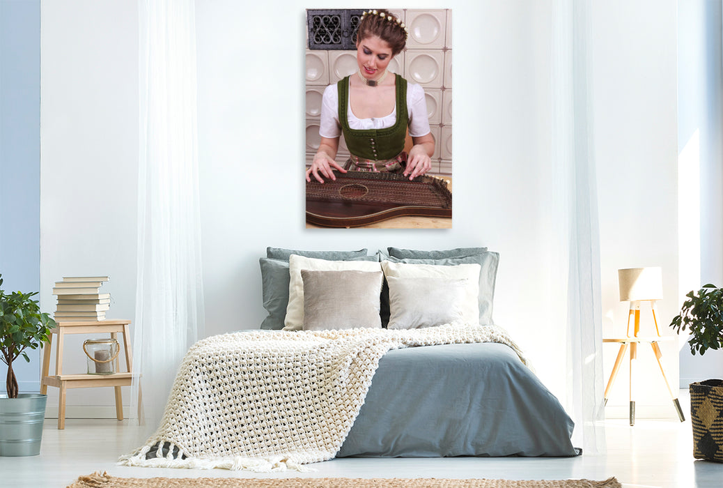 Premium Textil-Leinwand Premium Textil-Leinwand 80 cm x 120 cm  hoch Frau mit Zither