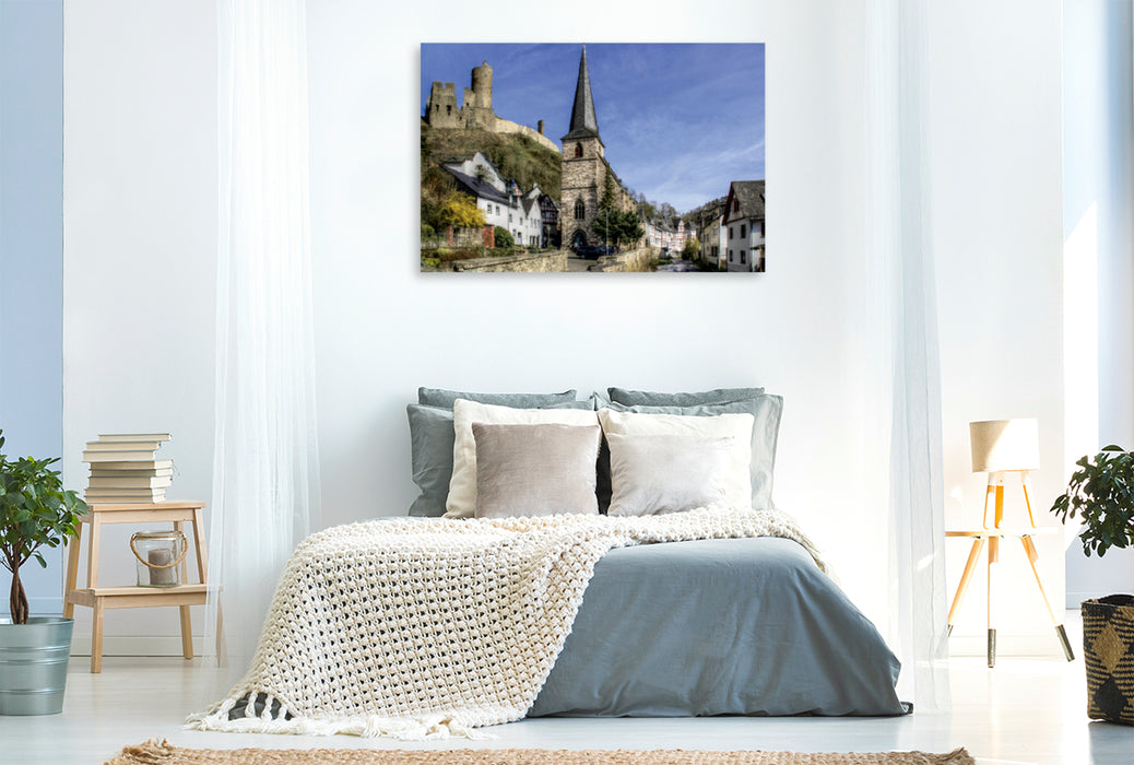 Premium Textil-Leinwand Premium Textil-Leinwand 120 cm x 80 cm quer Monreal - Mit Blick auf die Löwenburg und Pfarrkirche