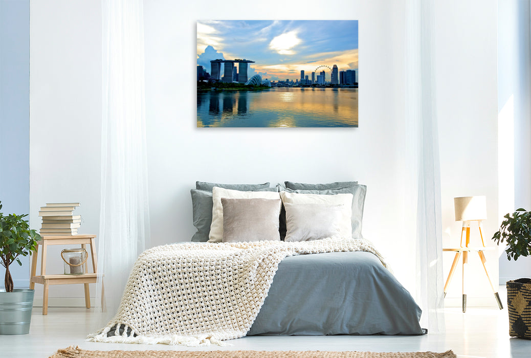 Premium Textil-Leinwand Premium Textil-Leinwand 120 cm x 80 cm quer Singapore Skyline mit Sonnenuntergang