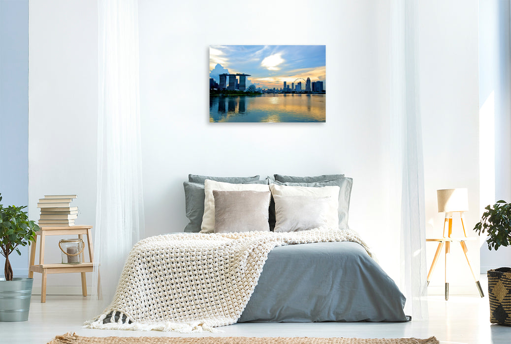 Premium Textil-Leinwand Premium Textil-Leinwand 120 cm x 80 cm quer Singapore Skyline mit Sonnenuntergang