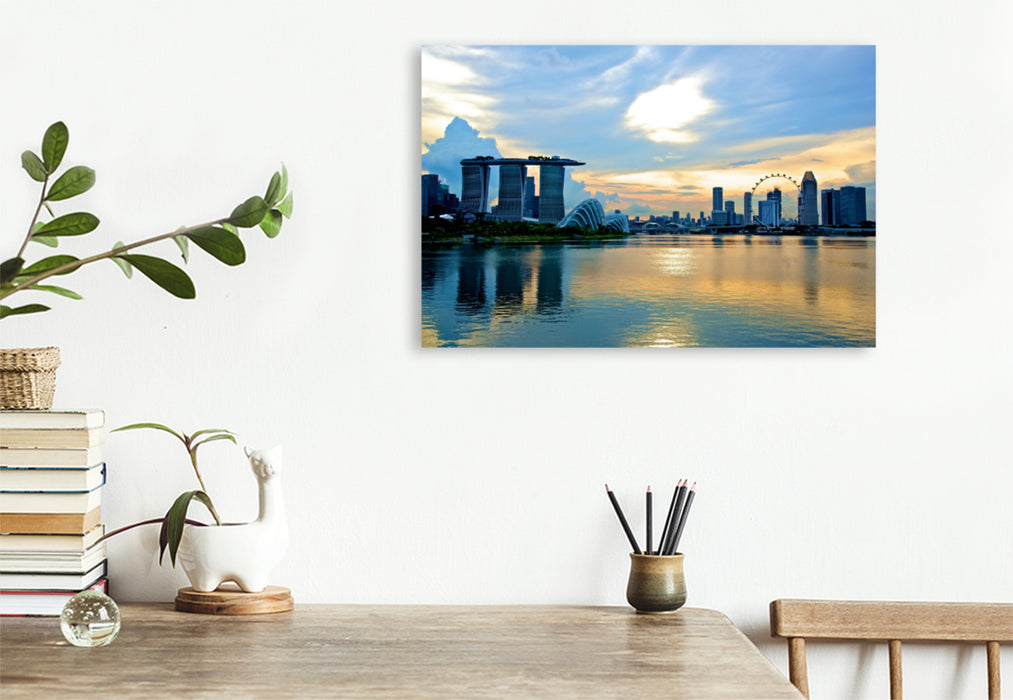 Premium Textil-Leinwand Premium Textil-Leinwand 120 cm x 80 cm quer Singapore Skyline mit Sonnenuntergang