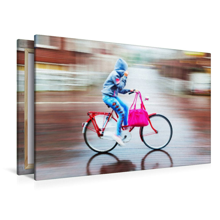 Premium Textil-Leinwand Radfahrer bei Regen