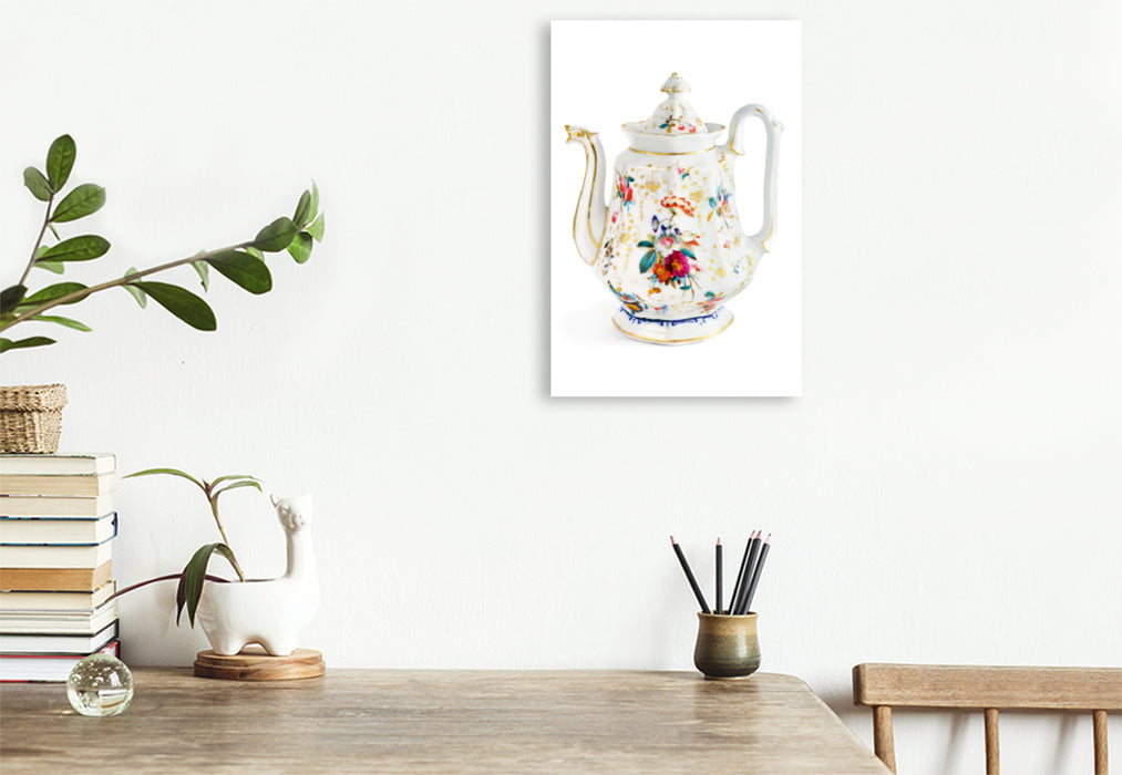 Premium Textil-Leinwand Premium Textil-Leinwand 50 cm x 75 cm hoch Florale Biedermeier Kaffeekanne