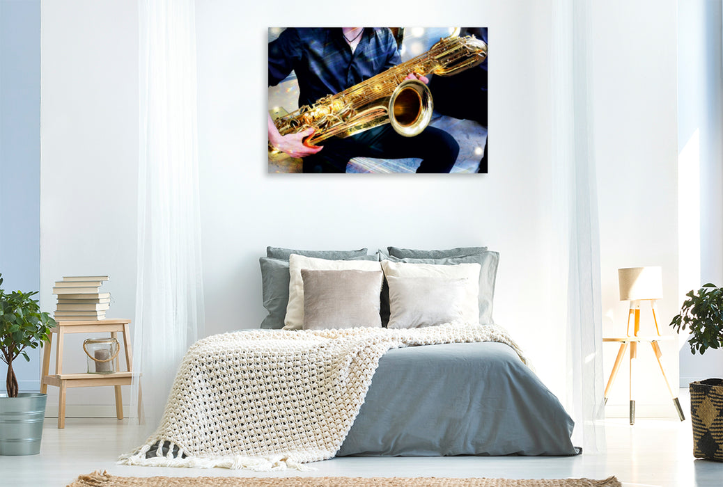 Premium Textil-Leinwand Premium Textil-Leinwand 120 cm x 80 cm quer Jazzmusiker mit Baritonsaxophon