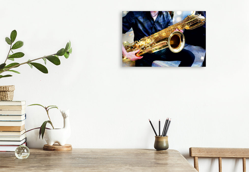 Premium Textil-Leinwand Premium Textil-Leinwand 120 cm x 80 cm quer Jazzmusiker mit Baritonsaxophon