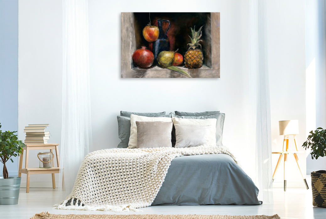 Toile textile premium Toile textile premium 120 cm x 80 cm de large Un motif du calendrier Fruits au pastel 