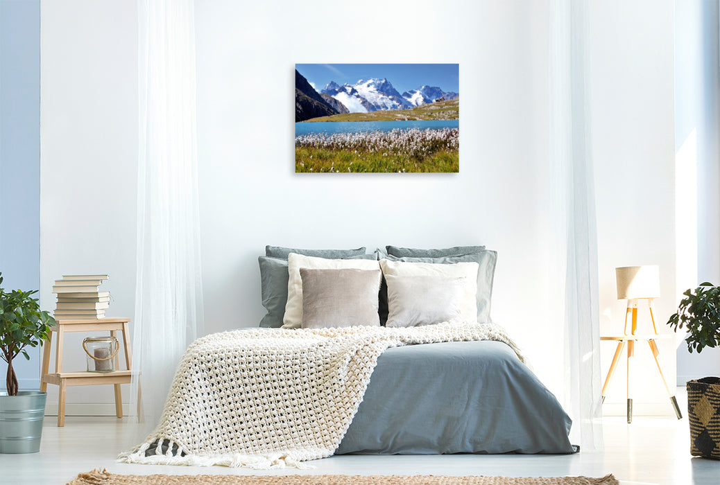 Premium textile canvas Premium textile canvas 120 cm x 80 cm landscape mountain lake Lac Goléon, France 