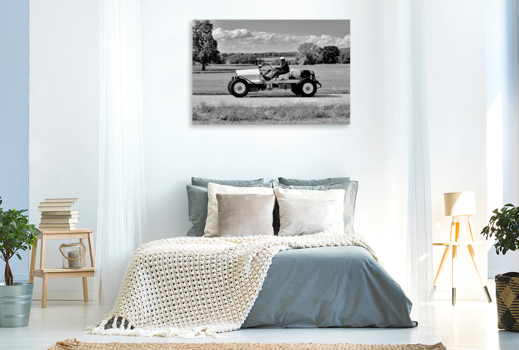 Toile textile haut de gamme Toile textile haut de gamme 120 cm x 80 cm paysage Un motif du calendrier REO Roadster USA 1916 - en noir et blanc 