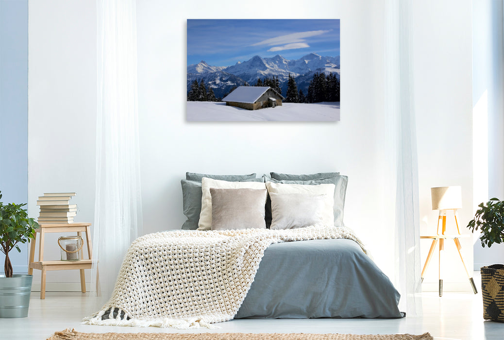 Premium Textil-Leinwand Premium Textil-Leinwand 120 cm x 80 cm quer Bergblick auf Eiger, Mönch, Jungfrau vom Niederhorn, Beatenberg