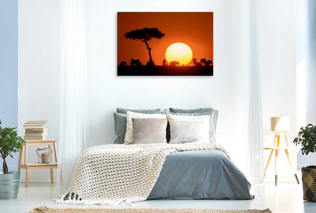 Toile textile premium Toile textile premium 120 cm x 80 cm paysage Gnou devant le soleil levant 