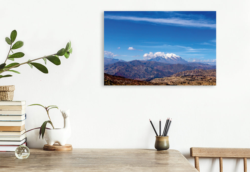 Toile textile haut de gamme Toile textile haut de gamme 120 cm x 80 cm à travers l'Illimani dans les Andes (6 439 m), deuxième plus haute montagne de Bolivie 