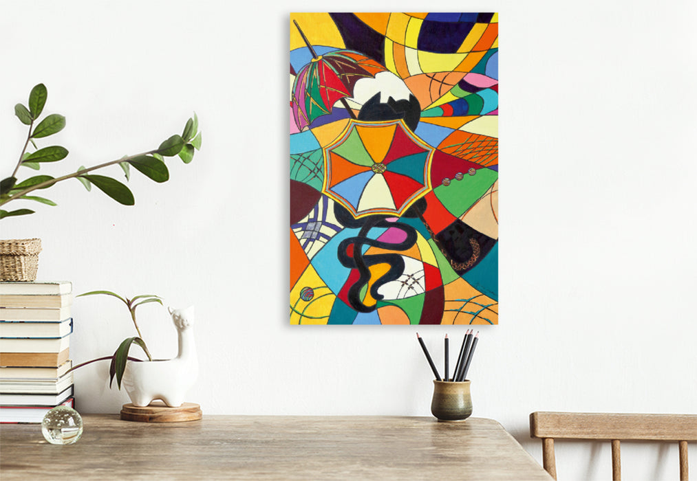 Toile textile haut de gamme Toile textile haut de gamme 80 cm x 120 cm de haut Umbrella-Kätz II, Petra Kolossa, acrylique sur toile, 70x50, 2015 