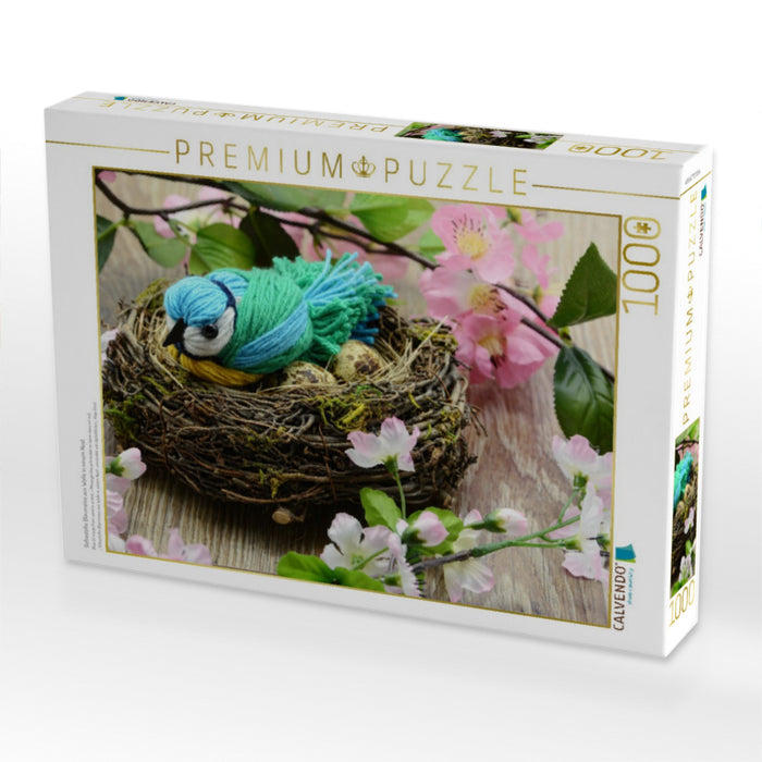 Gebastelte Blaumeise aus Wolle in einem Nest. - CALVENDO Foto-Puzzle'