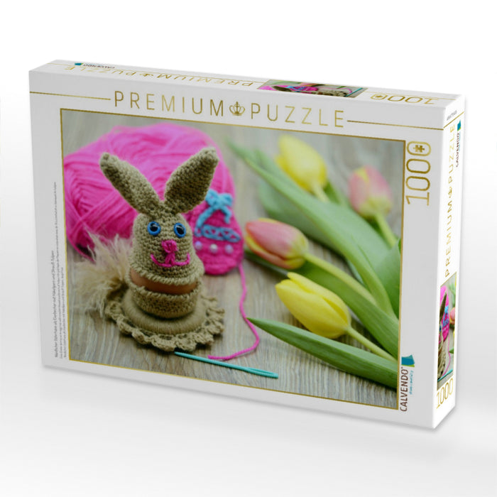Niedlicher Osterhase als Eierbecher mit Häkelgarn und Strauß Tulpen - CALVENDO Foto-Puzzle'