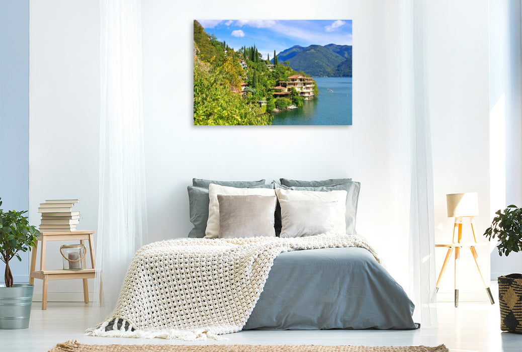 Toile textile premium Toile textile premium 120 cm x 80 cm paysage Villas au bord du lac de Lugano 