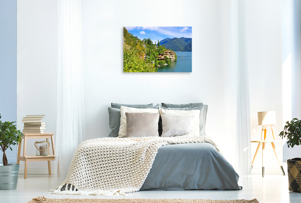 Toile textile premium Toile textile premium 120 cm x 80 cm paysage Villas au bord du lac de Lugano 