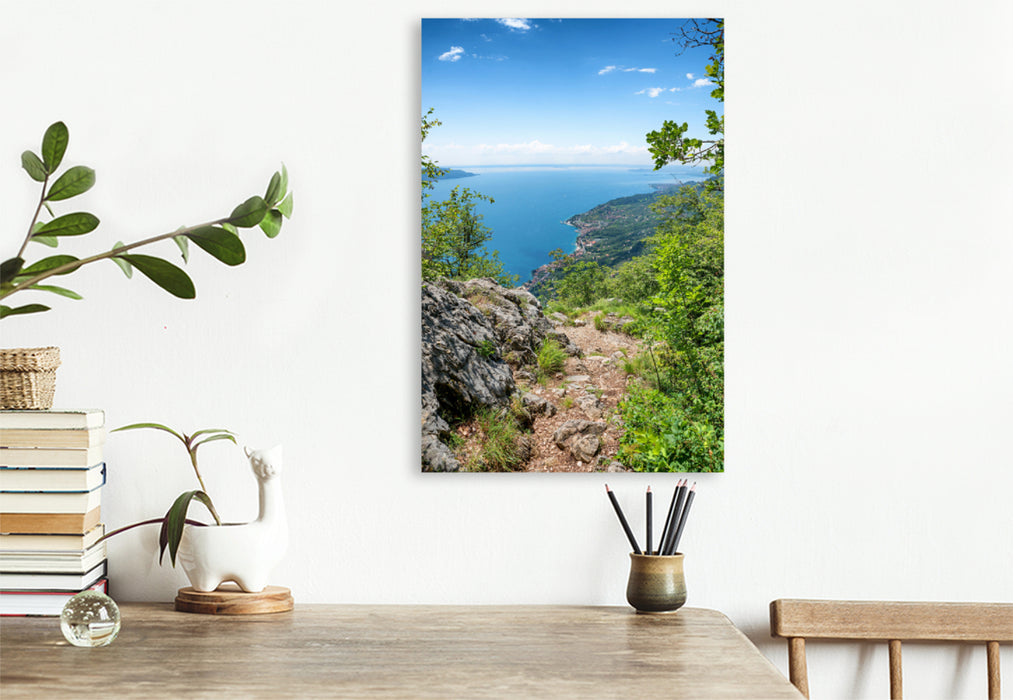 Premium textile canvas Premium textile canvas 80 cm x 120 cm high Sasso hiking trail with Lake Garda view 
