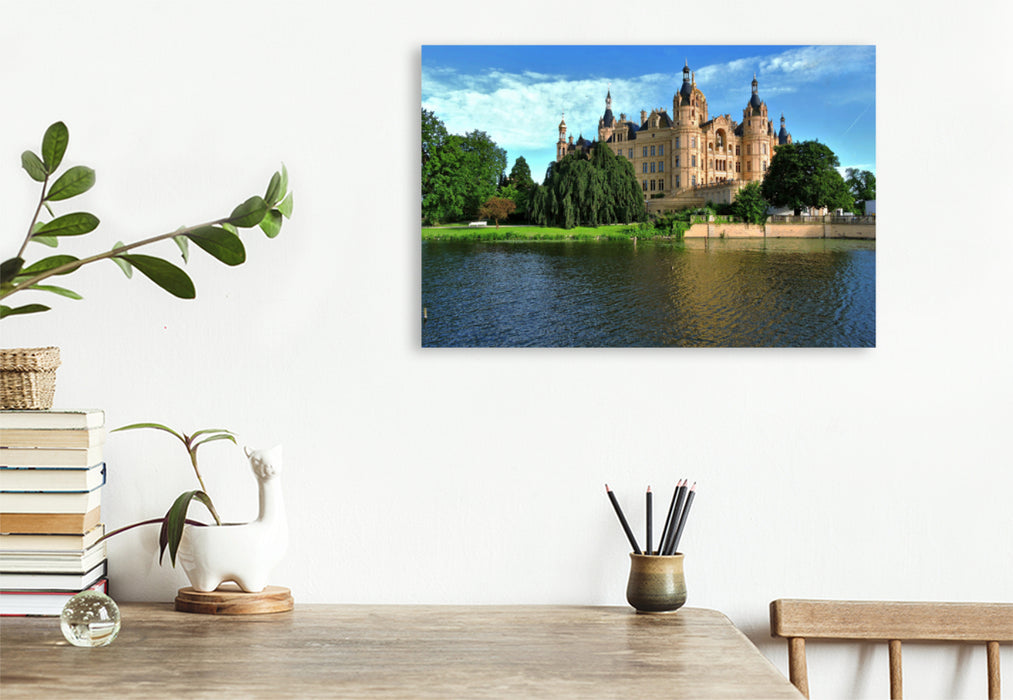 Premium textile canvas Premium textile canvas 120 cm x 80 cm landscape Schwerin Castle 