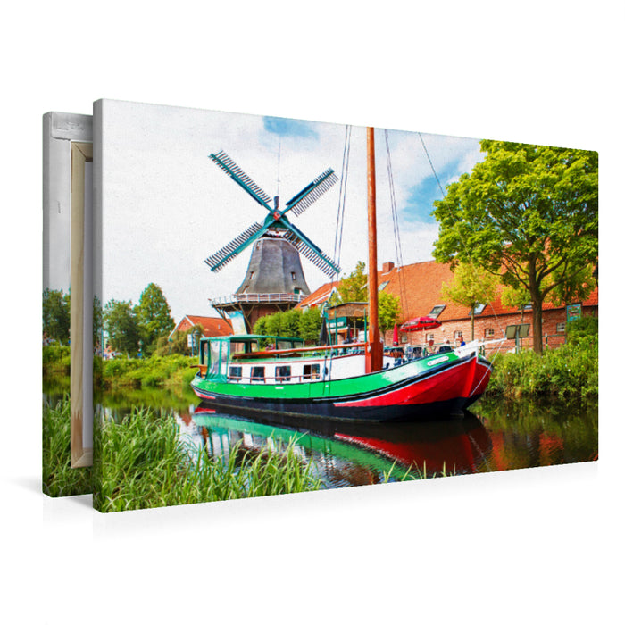 Premium Textil-Leinwand Torfschiff Antje vor der Mühle in Großefehn