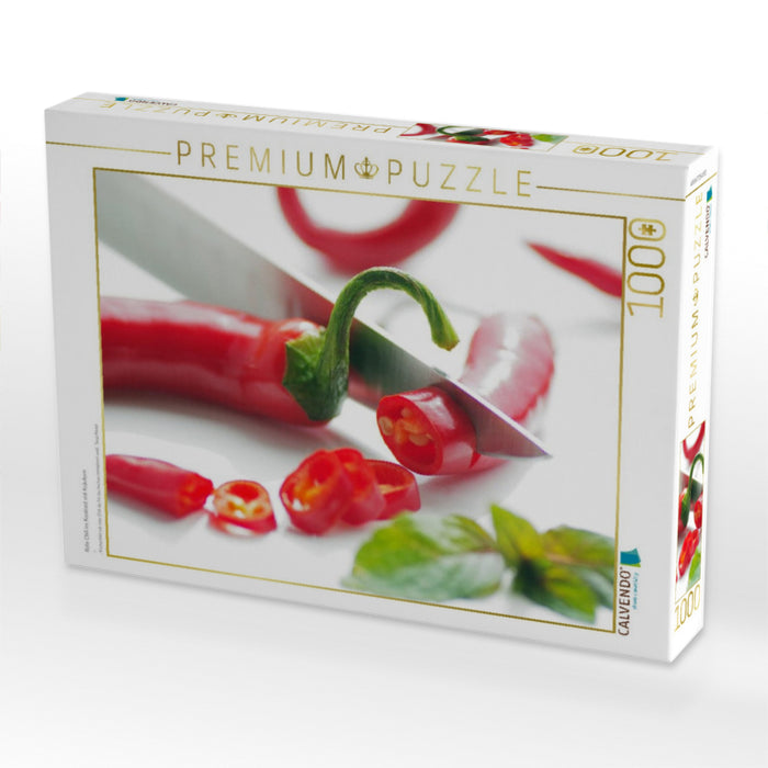Rote Chili im Kontrast mit Kräutern - CALVENDO Foto-Puzzle'
