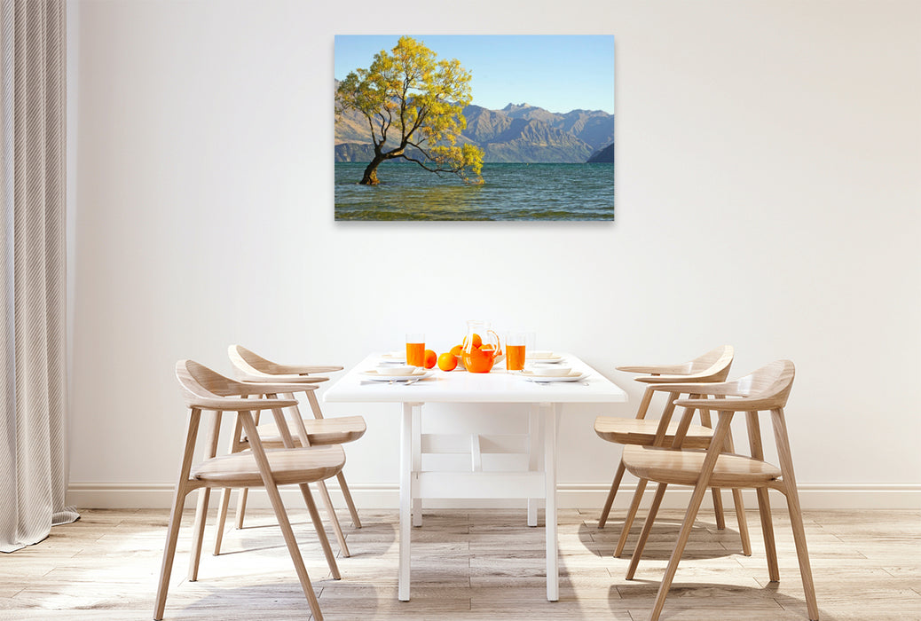 Premium Textil-Leinwand Berühmtester Baum Neuseelands, eine Bruchweide am See Wanaka
