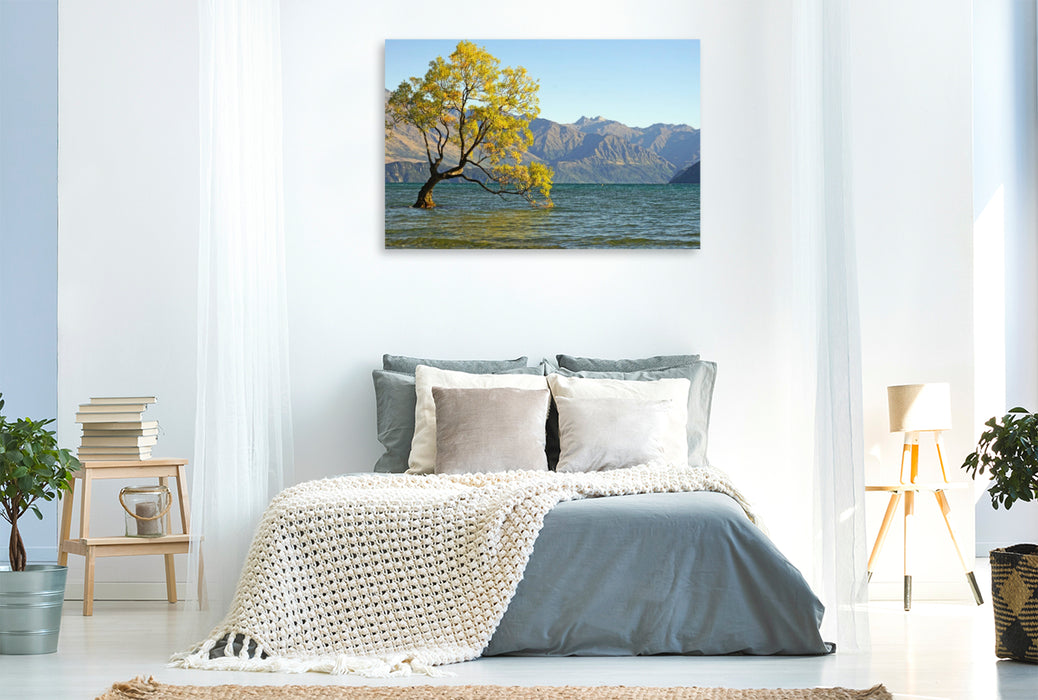 Premium Textil-Leinwand Berühmtester Baum Neuseelands, eine Bruchweide am See Wanaka
