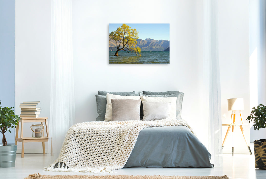 Premium Textil-Leinwand Berühmtester Baum Neuseelands, eine Bruchweide am See Wanaka