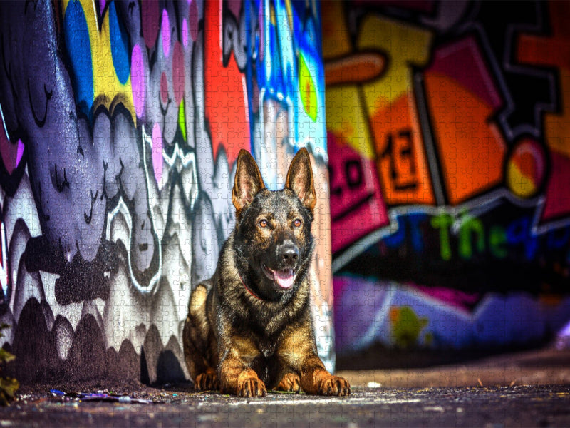 Deutscher Schäferhund liegt an einer Graffitiwand - CALVENDO Foto-Puzzle'